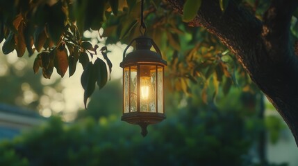 antique hurricane lantern suspended under a tree, the flickering light from the lantern creating a serene and nostalgic atmosphere