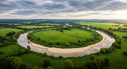 Serene River Meander Aerial View Soft Light. AI Generated