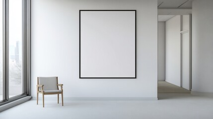 Office room with a blank paper poster on a white wall perfect for interior design