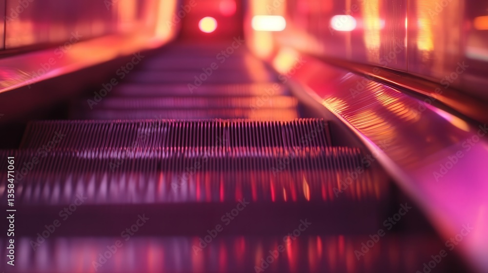 Aufkleber escalator in a subway station, showing the smooth movement and the reflection of the surrounding lig