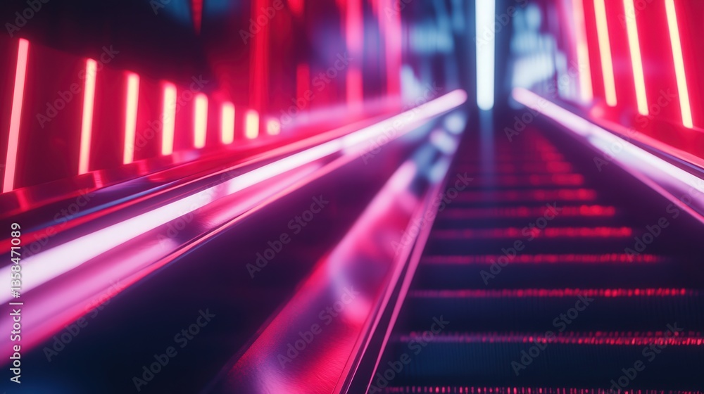 Poster escalator in a subway station, showing the smooth movement and the reflection of the surrounding lig