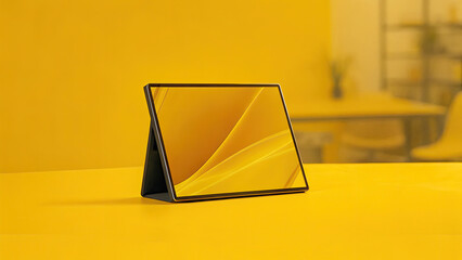 Sleek portable monitor on minimalist desk displaying vibrant abstract design, modern workspace technology and digital creativity concept.