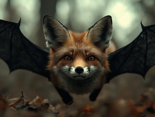 Obraz premium Surreal Image of a Fox with Bat Wings: Fantasy Halloween Concept, Forest Setting