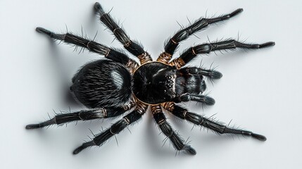 Obraz premium A black spider centered on a clean white background, detailed focus on its glossy body and thin, jointed legs, soft studio lighting. 