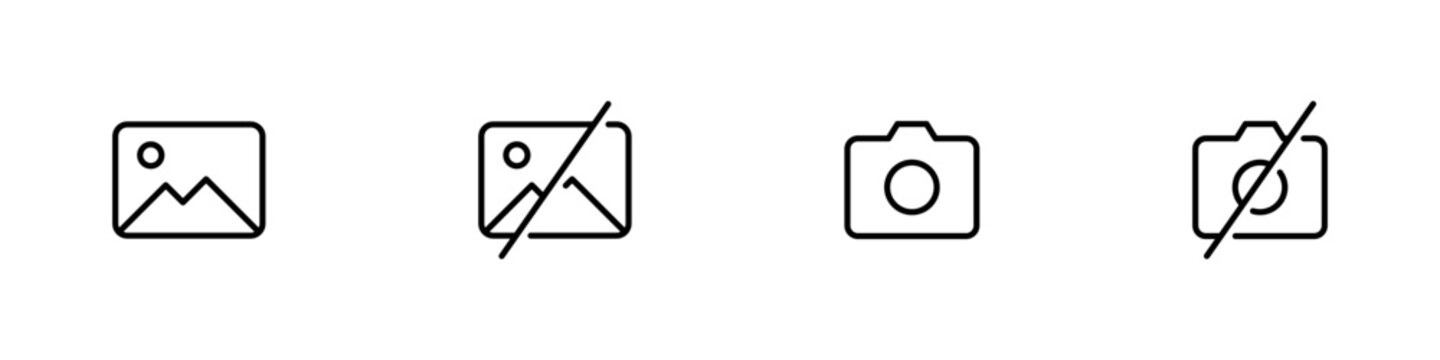 Camera icon. Gallery line icon. Camera photo icon symbol, Photo album icon no photo sign . Line outline icons, Editable stroke