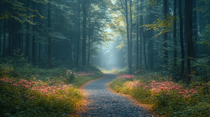 Obraz premium Misty forest path with pink flowers.