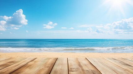 Fototapeta premium Summer Beach Landscape with Wooden Deck and Clear Blue Sky