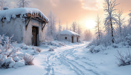 Winter scene shows snow covered small houses near snowy trees
