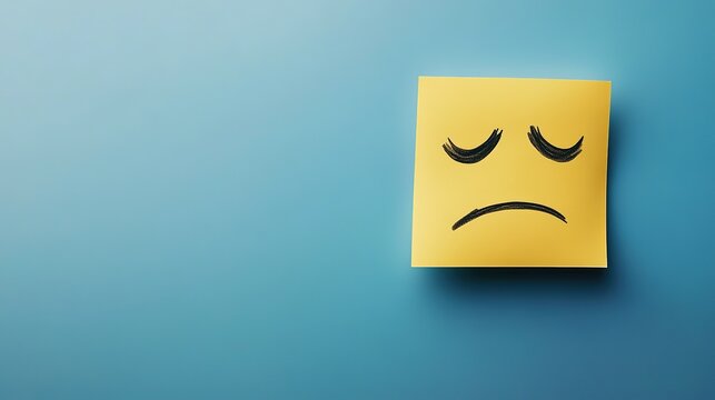 Yellow sticky note with drawn sad unhappy emoji face on blue background. 8k Resolution