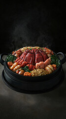 Steaming seafood and noodle hot pot