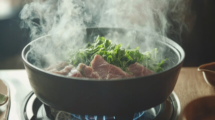 Steaming pot of meat and greens cooking on a gas burner