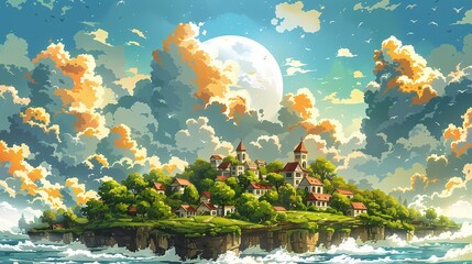 Floating Island: A captivating visual narrative, presenting a fantastical island floating amidst a sea of clouds, topped with quaint buildings. A large moon hangs in the sky.