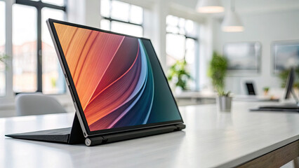 Sleek portable monitor on minimalist desk displaying vibrant abstract design, modern workspace technology and digital creativity concept.