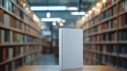 White Book Cover Standing in a Library, Perfect for Custom Design and Branding

