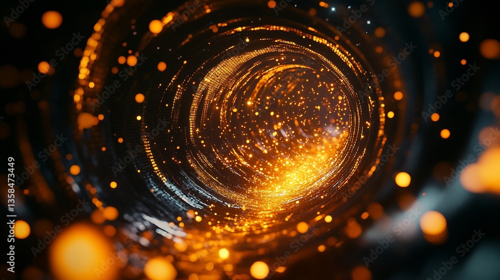 Poster abstract digital art with a vortex of golden light and bokeh particles