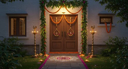 Indian home entrance decorated for Diwali festival with rangoli, oil lamps, and garlands. Traditional Hindu celebration. Greeting card for Diwali, Deepavali, or Indian New Year.