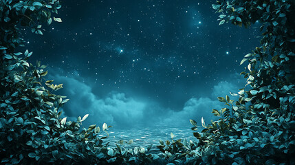 Obraz premium A tranquil landscape beneath a starry night sky exudes serene beauty, with stars shining brightly and the cosmos feeling within reach, evoking wonder and infinite possibilities.