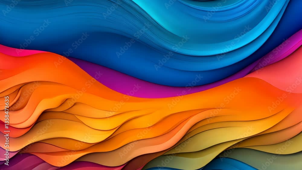 Poster a digital image of a vibrant, abstract background with overlapping waves in a rainbow of colors.