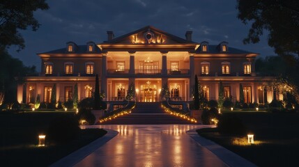 Naklejka premium opulent mansion with an expansive front lawn, stylish lighting, and a grand staircase leading to the entrance.
