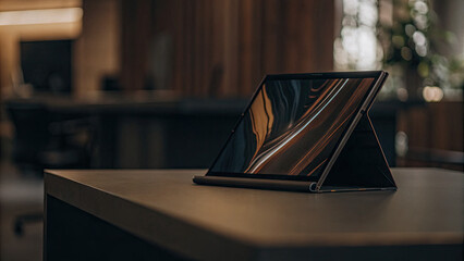 Sleek portable monitor on minimalist desk displaying vibrant abstract design, modern workspace technology and digital creativity concept.