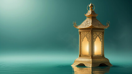 A golden lantern with intricate designs sitting in water against a teal colored background image scene