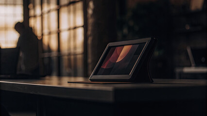 Sleek portable monitor on minimalist desk displaying vibrant abstract design, modern workspace technology and digital creativity concept.