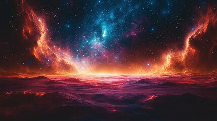 Obraz premium A tranquil landscape beneath a starry night sky exudes serene beauty, with stars shining brightly and the cosmos feeling within reach, evoking wonder and infinite possibilities.