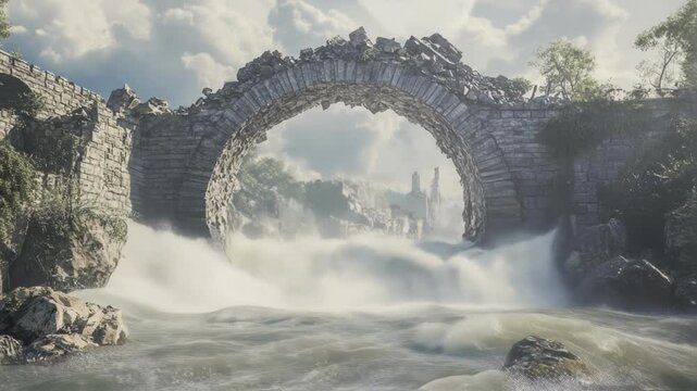 An arched stone bridge once a picturesque landmark is shattered at its center with large chunks of masonry toppled into the churning waters creating a foamy upheaval as nature reclaims