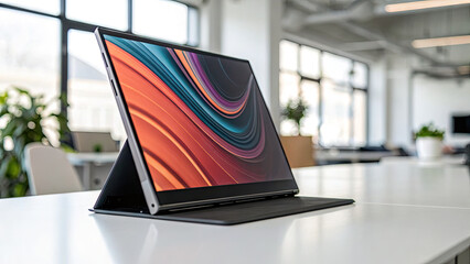 Sleek portable monitor on minimalist desk displaying vibrant abstract design, modern workspace technology and digital creativity concept.