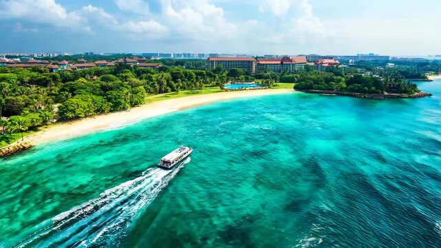 A breathtaking aerial view of a luxury yacht cruising through turquoise waters near a pristine tropical island resort. The sandy beach, lush palm trees, and elegant villas create a perfect paradise 