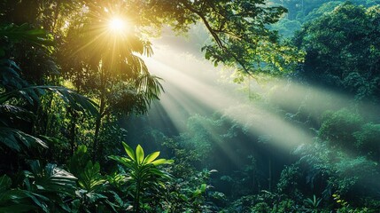 Obraz premium Sunlight Filtering Through Lush Green Rainforest Canopy