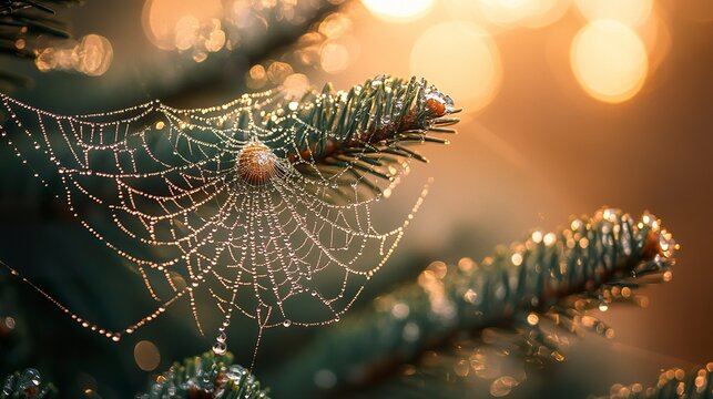 A detailed shot of an intricate spider web delicately draped over a miniature Christmas tree, tiny moisture droplets sparkling like festive ornaments under soft light.  