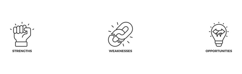 SWOT banner web icon illustration concept for strengths, weaknesses, threats, and opportunities analysis with an icon of value, goal, break chain, low battery, growth, check, minus, and crisis	