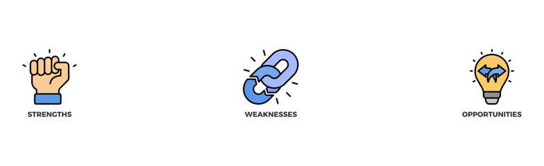 SWOT banner web icon illustration concept for strengths, weaknesses, threats, and opportunities analysis with an icon of value, goal, break chain, low battery, growth, check, minus, and crisis	