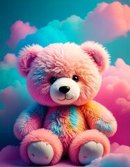 Fototapeta premium Adorable Psychedelic Teddy Bear in 4K – Fluffy Cloud Background