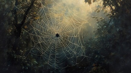 Naklejka premium A detailed web with a black spider in the middle, backlit to emphasize the web's patterns, soft focus background of misty foliage. 
