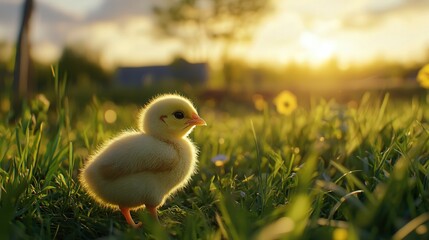 chick happily searching for food in the lush grass of a farm, surrounded by the serenity of a rural countryside.