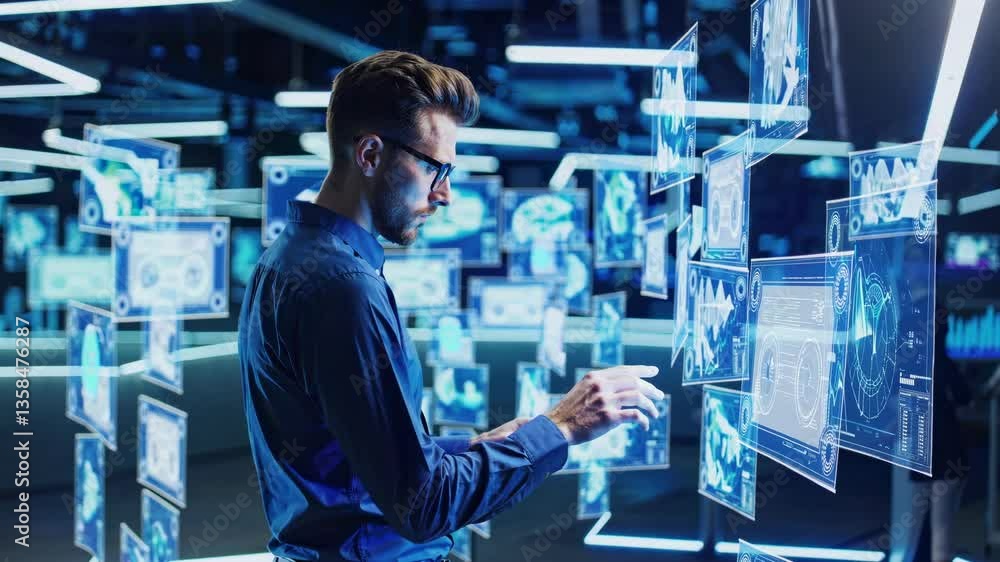 Poster male professional in blue shirt and glasses interacting with multiple transparent digital screens di