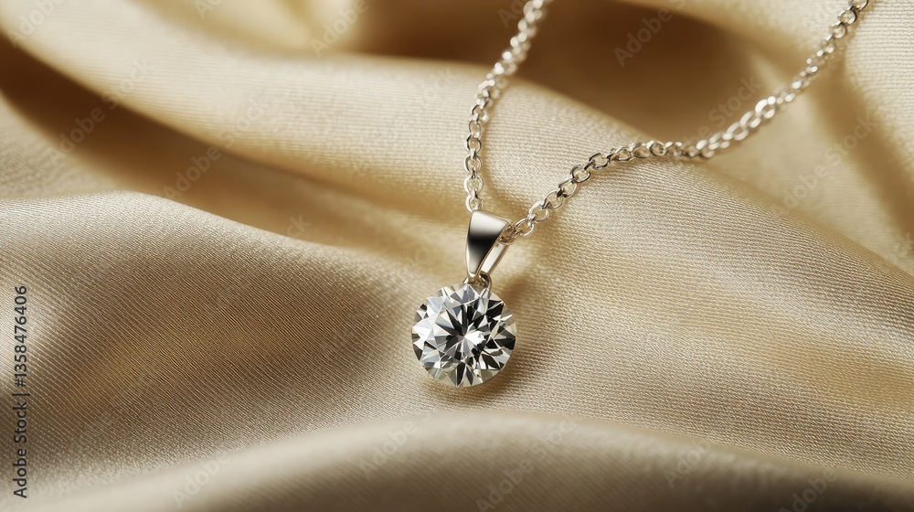 Poster a close-up of a simple pendant with a diamond placed on a soft fabric background, offering space for