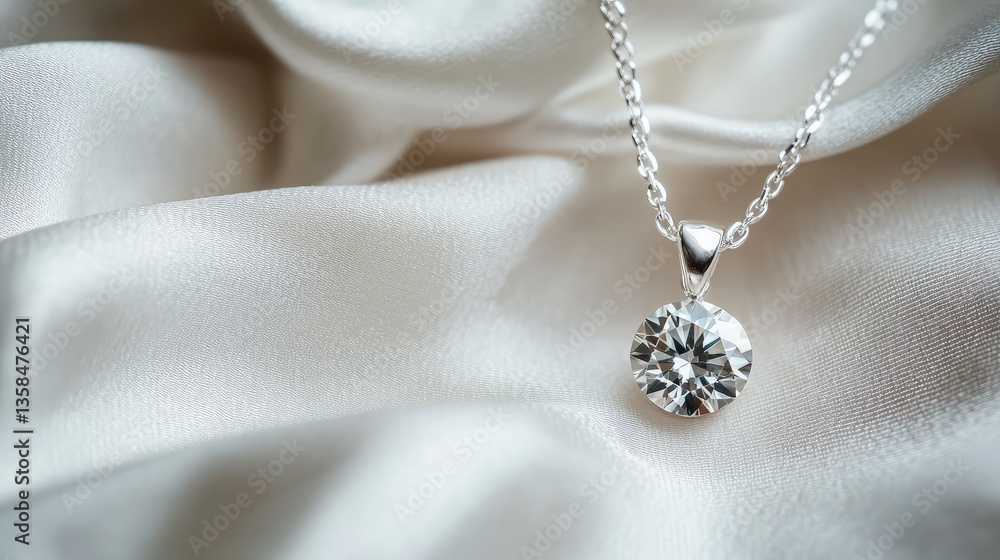 Poster a close-up of a simple pendant with a diamond placed on a soft fabric background, offering space for
