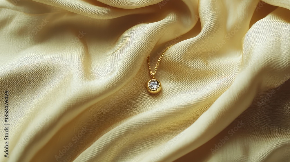 Poster a close-up of a simple pendant with a diamond placed on a soft fabric background, offering space for
