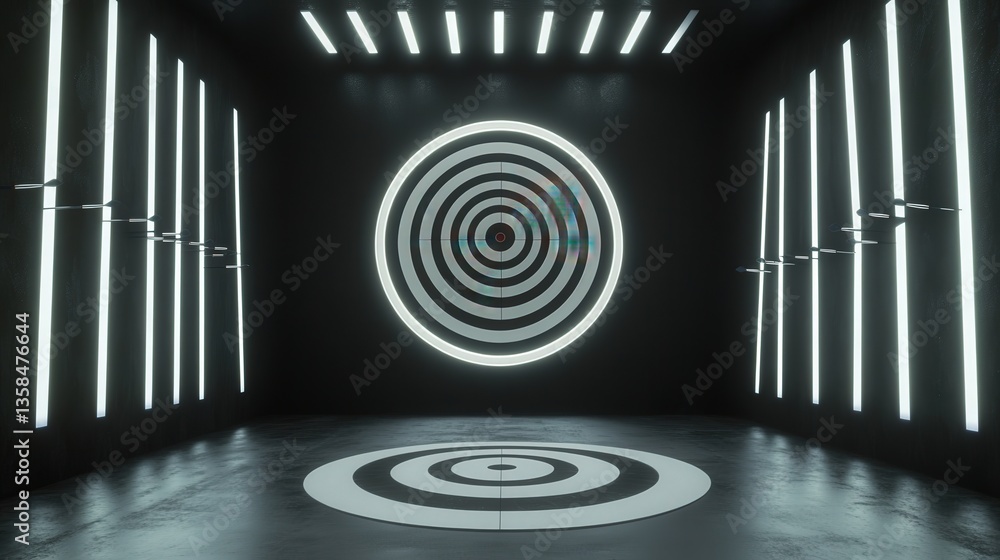Poster classic dart target, with darts neatly stuck in the scoring zones and the bullseye gleaming in the c