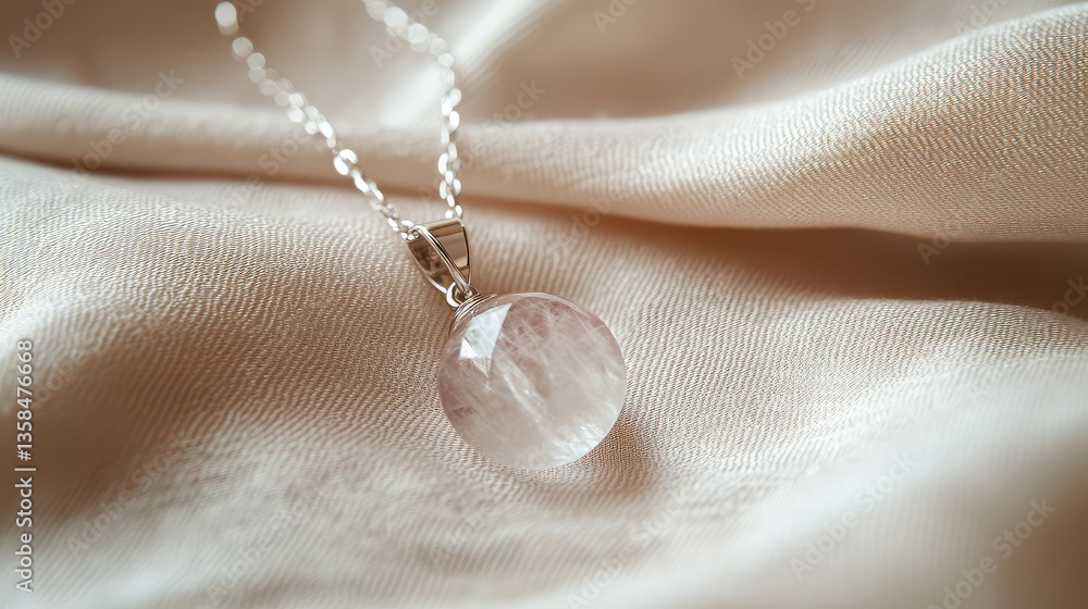 Poster a close-up shot of a delicate pendant with a polished gemstone on a thin chain, placed on a soft bei