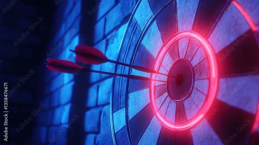 Poster classic dart target, with darts neatly stuck in the scoring zones and the bullseye gleaming in the c