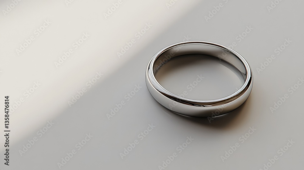 Poster a close-up shot of a silver ring with a subtle gemstone placed on a smooth gray background, providin