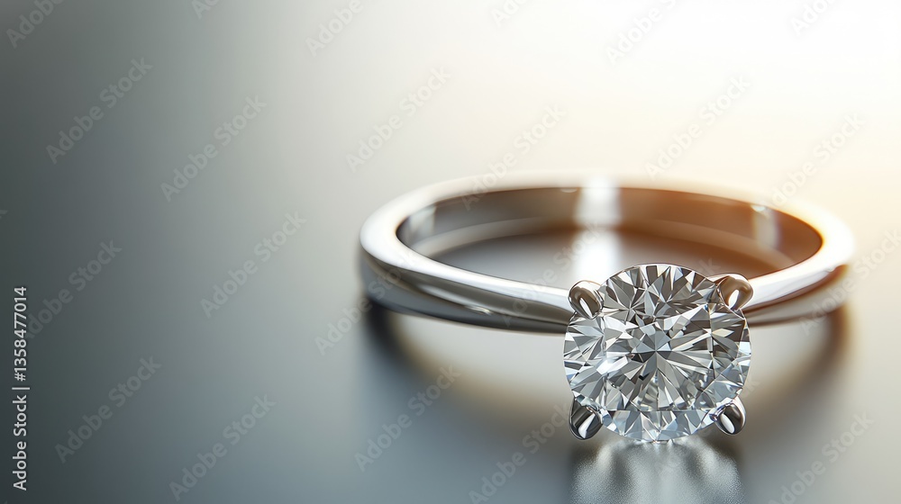 Poster a dazzling diamond ring resting on a soft gray background with plenty of copy space for product pres