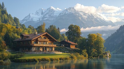 Naklejka premium Mountain lake house autumn scene.