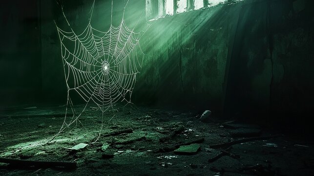 A haunting web in a crumbling, abandoned room, illuminated by faint greenish light, sharp shadows and creeping darkness intensify the mood.  