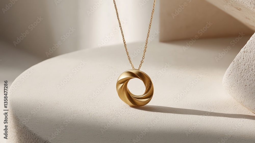 Poster a delicate pendant with a simple circle design hanging on a thin chain, placed on a smooth white sur