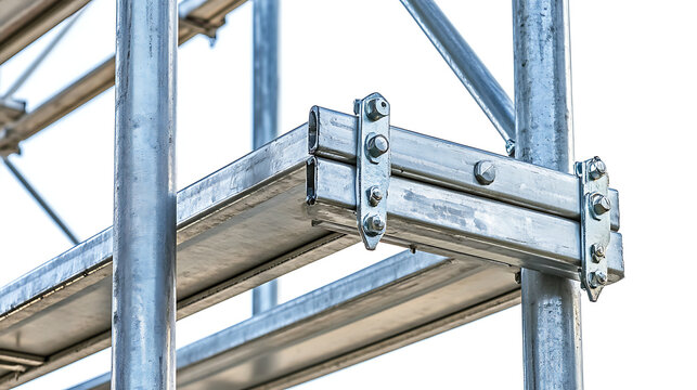 Close Up of a Metallic Gray Scaffolding Structure Isolated on White Background Featuring Steel Components and Bolt Fastenings